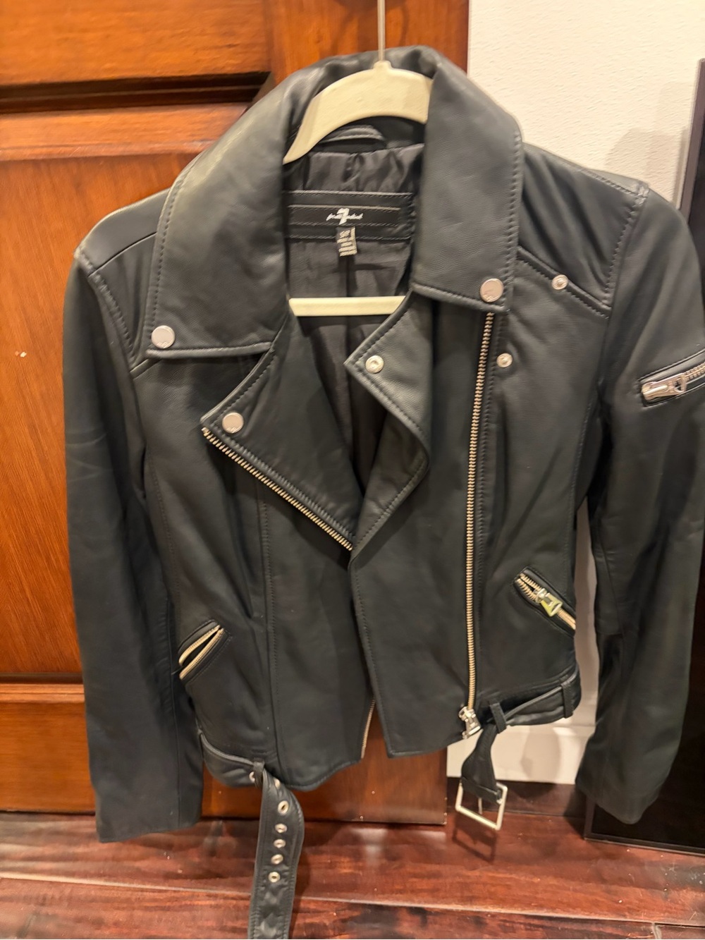 7 For All Mankind Black Leather Asymmetric Moto Jacket